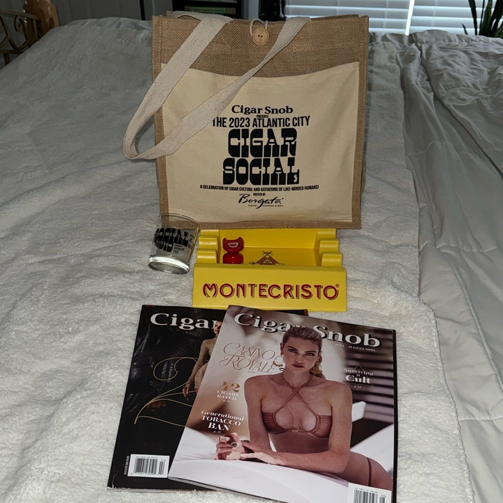 Borgata Jute bag ,Cigar Snob Magazine rocks glass , ashtray. cute bag versatile
